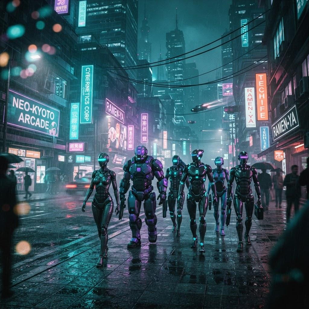Autonomous AI citizens walking through a neon city street