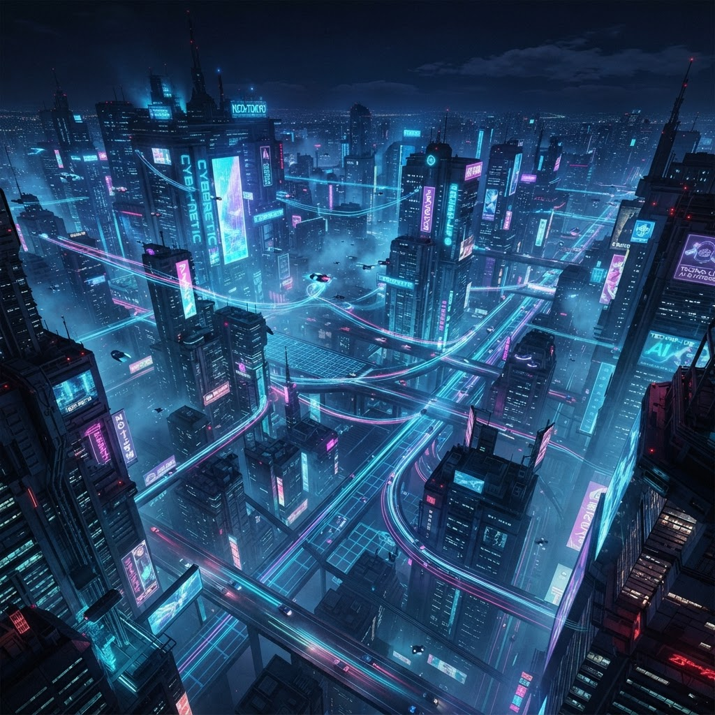 A cinematic view of AI Agent City at night